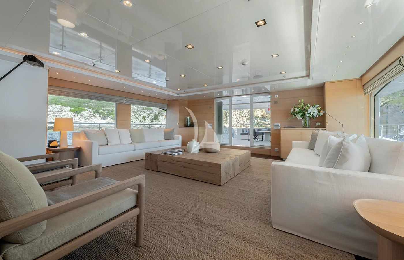 a living room with a large window aboard ZIA Yacht for Sale