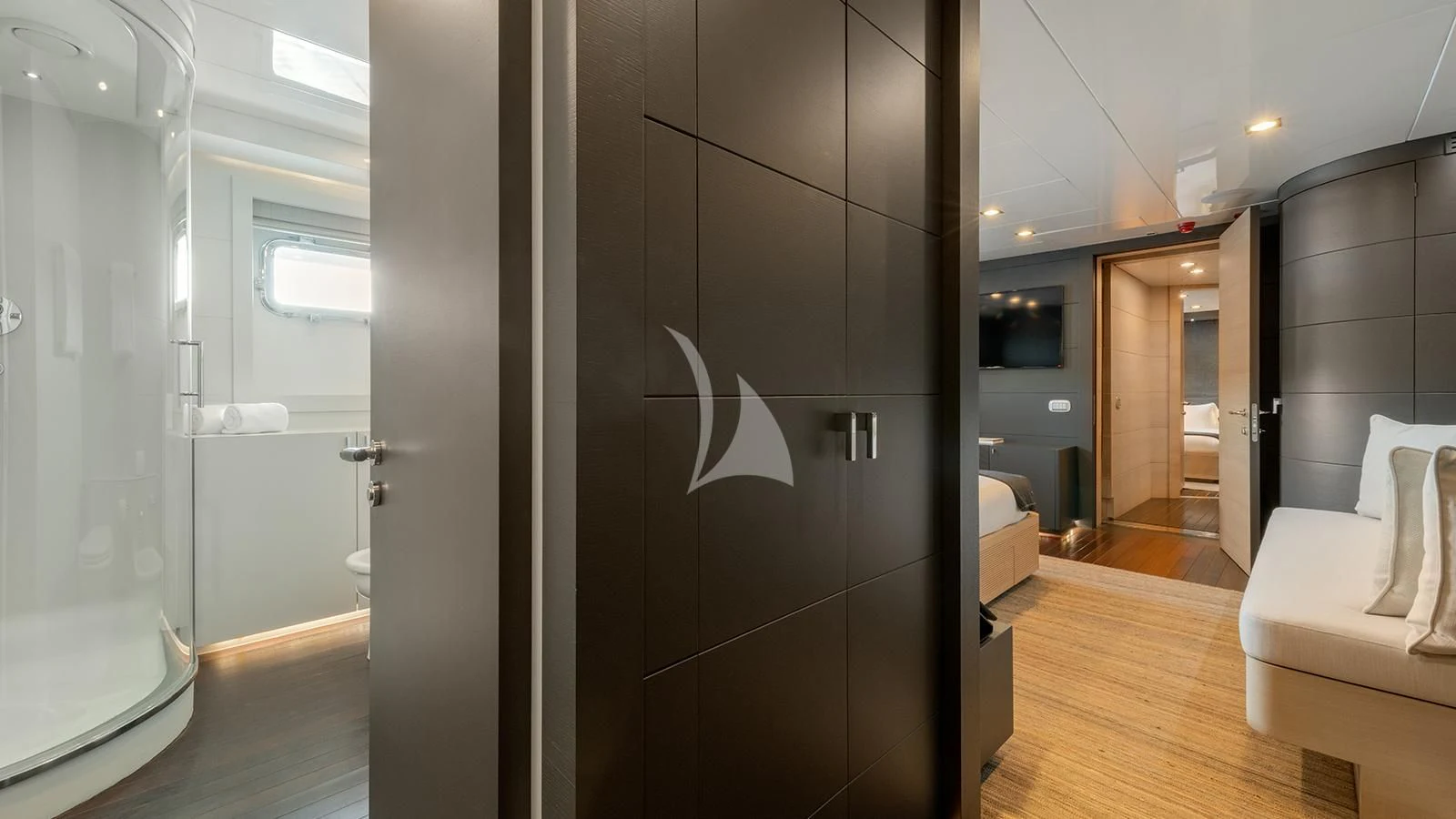 a bathroom with a large glass shower aboard ZIA Yacht for Sale