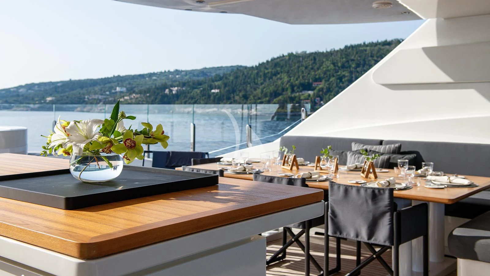 a table with a plant on it aboard ZIA Yacht for Sale
