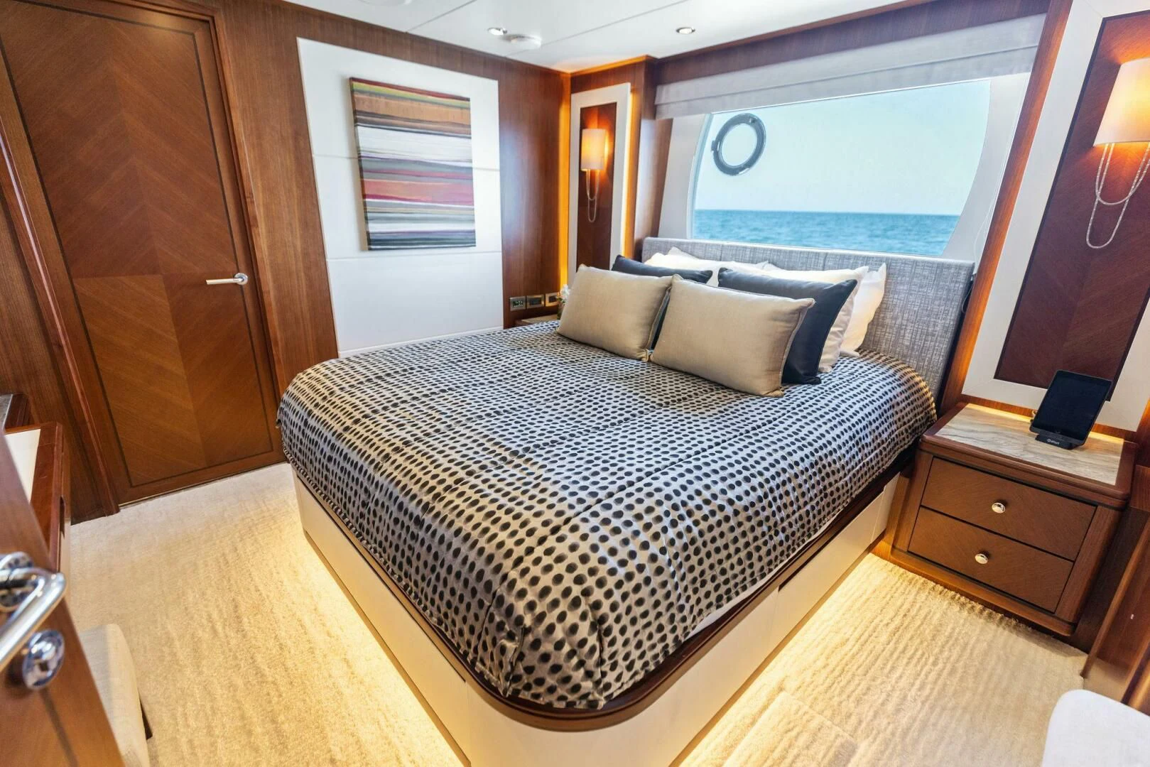 a large bed in a room aboard CLAYMAKER Yacht for Sale
