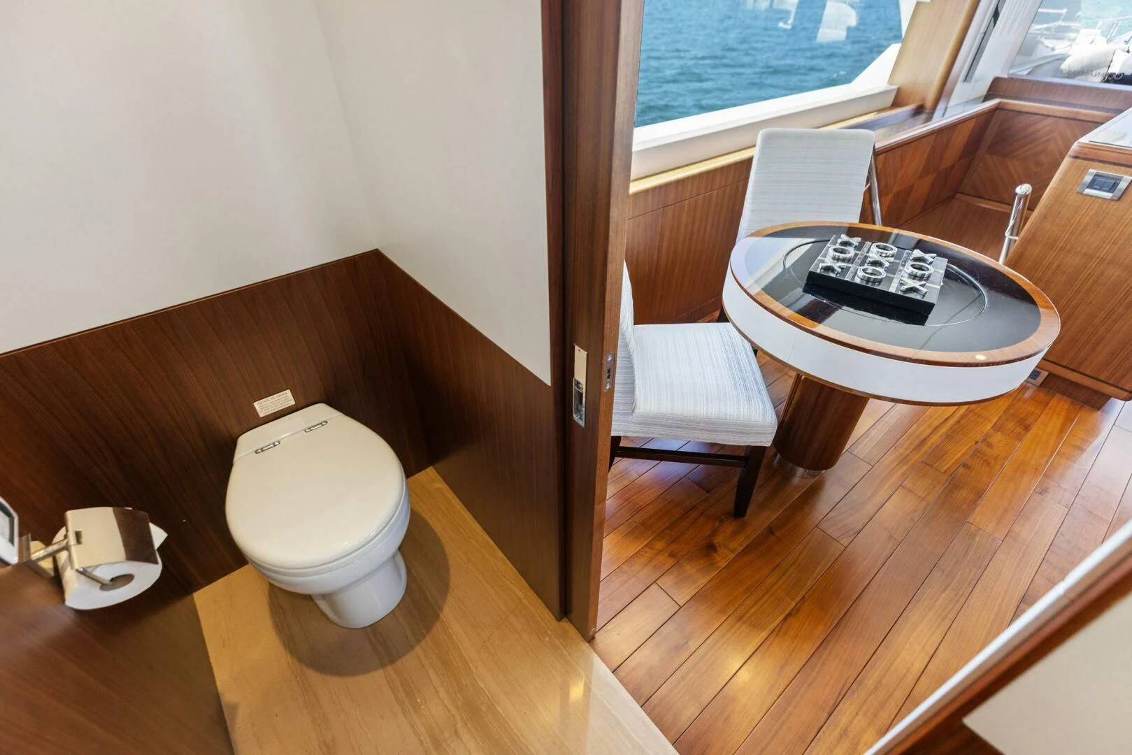 a small bathroom with a toilet aboard CLAYMAKER Yacht for Sale