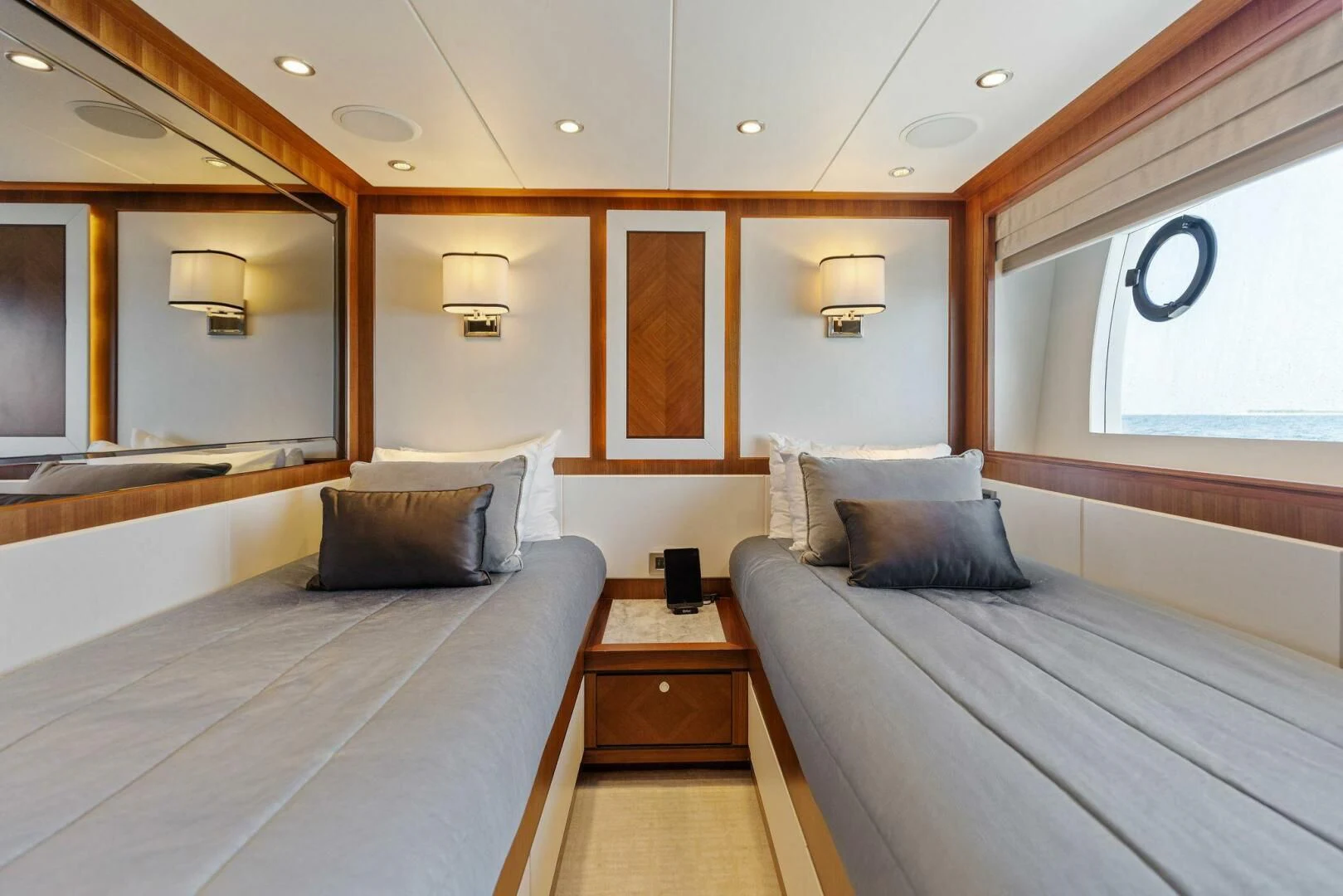 a room with two beds aboard CLAYMAKER Yacht for Sale