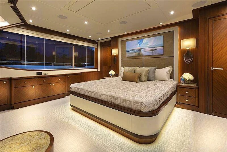 a large bedroom with a large bed aboard CLAYMAKER Yacht for Sale