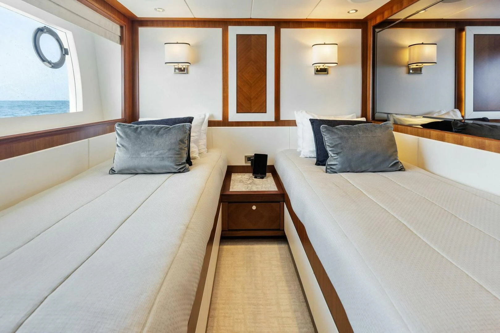 a room with two beds aboard CLAYMAKER Yacht for Sale