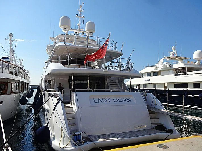 a boat docked at a pier aboard LADY LILIAN Yacht for Sale