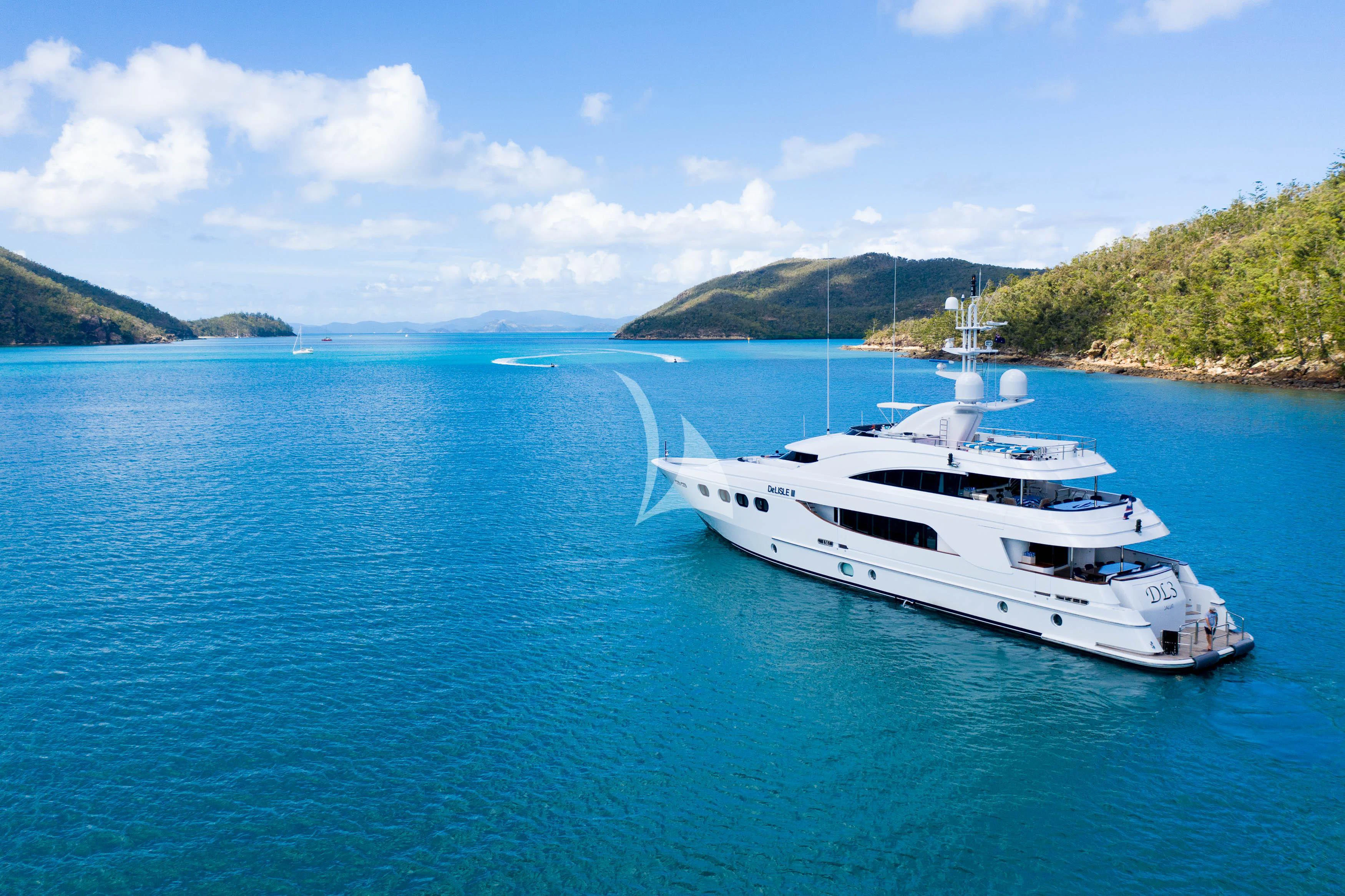 a white boat in the water aboard DE LISLE III Yacht for Sale