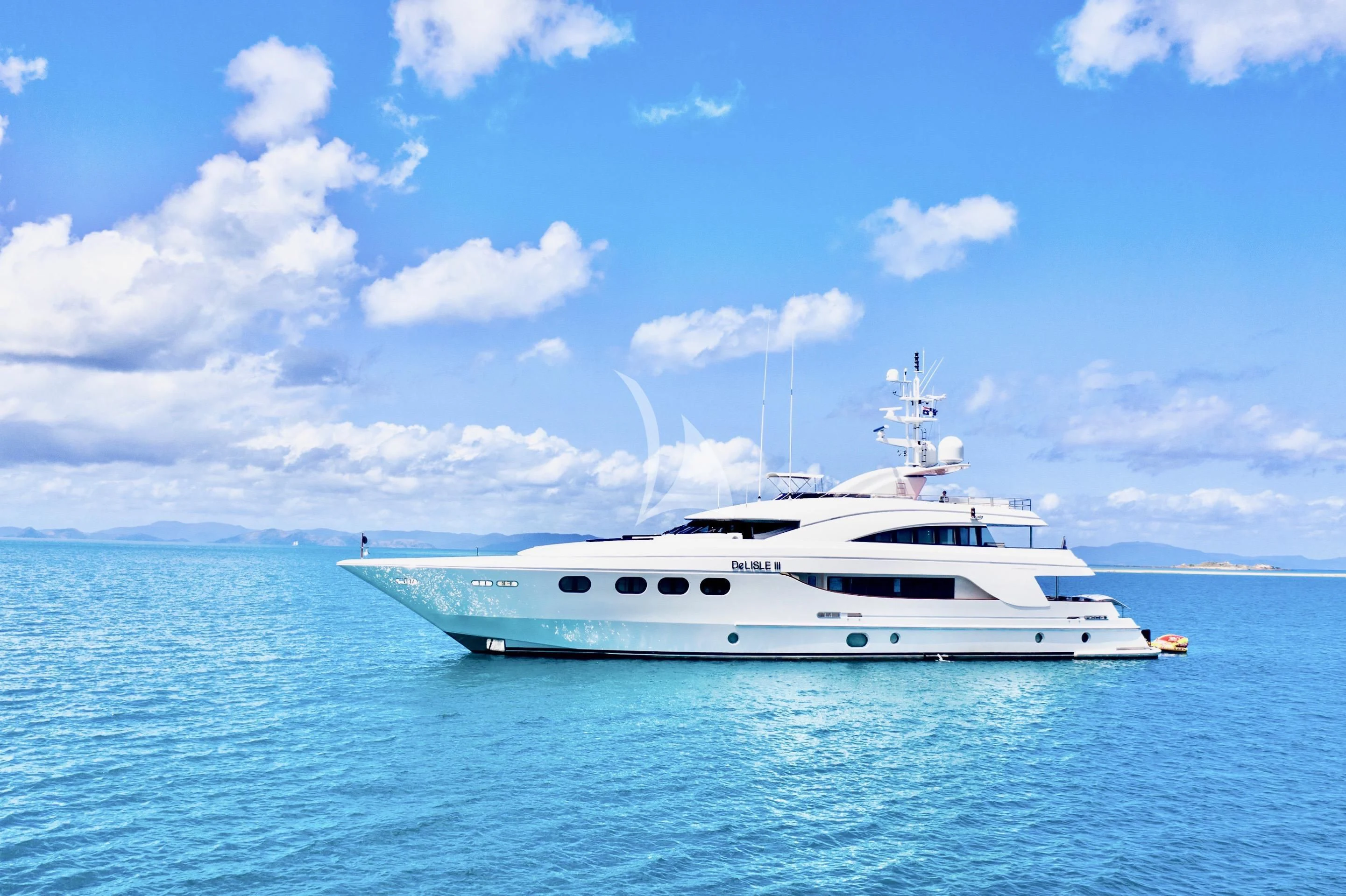 a white yacht in the water aboard DE LISLE III Yacht for Sale