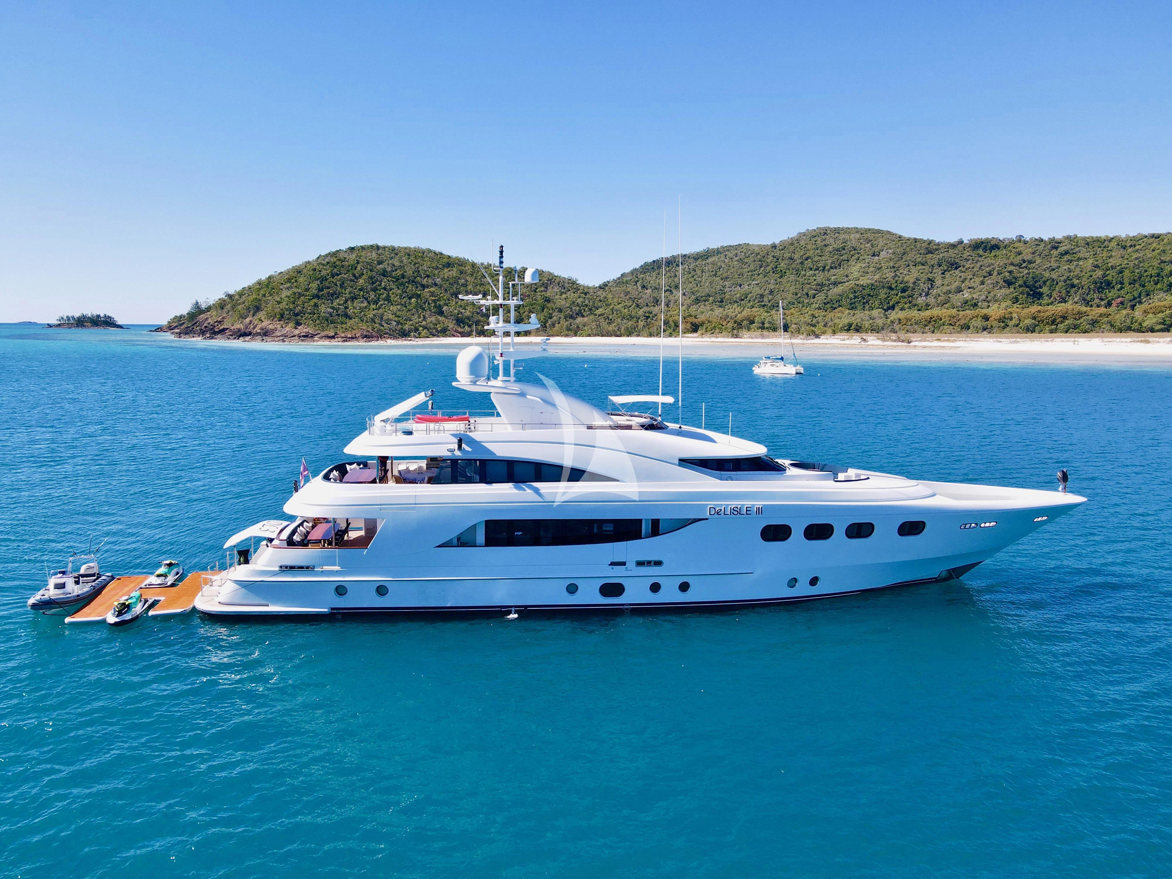 a white yacht in the water aboard DE LISLE III Yacht for Sale