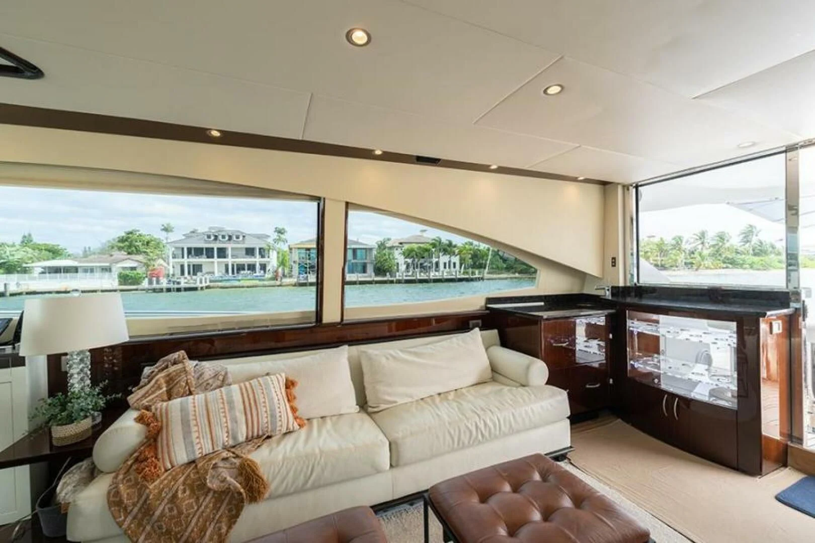 a living room with a large window aboard LATITUDE Yacht for Sale