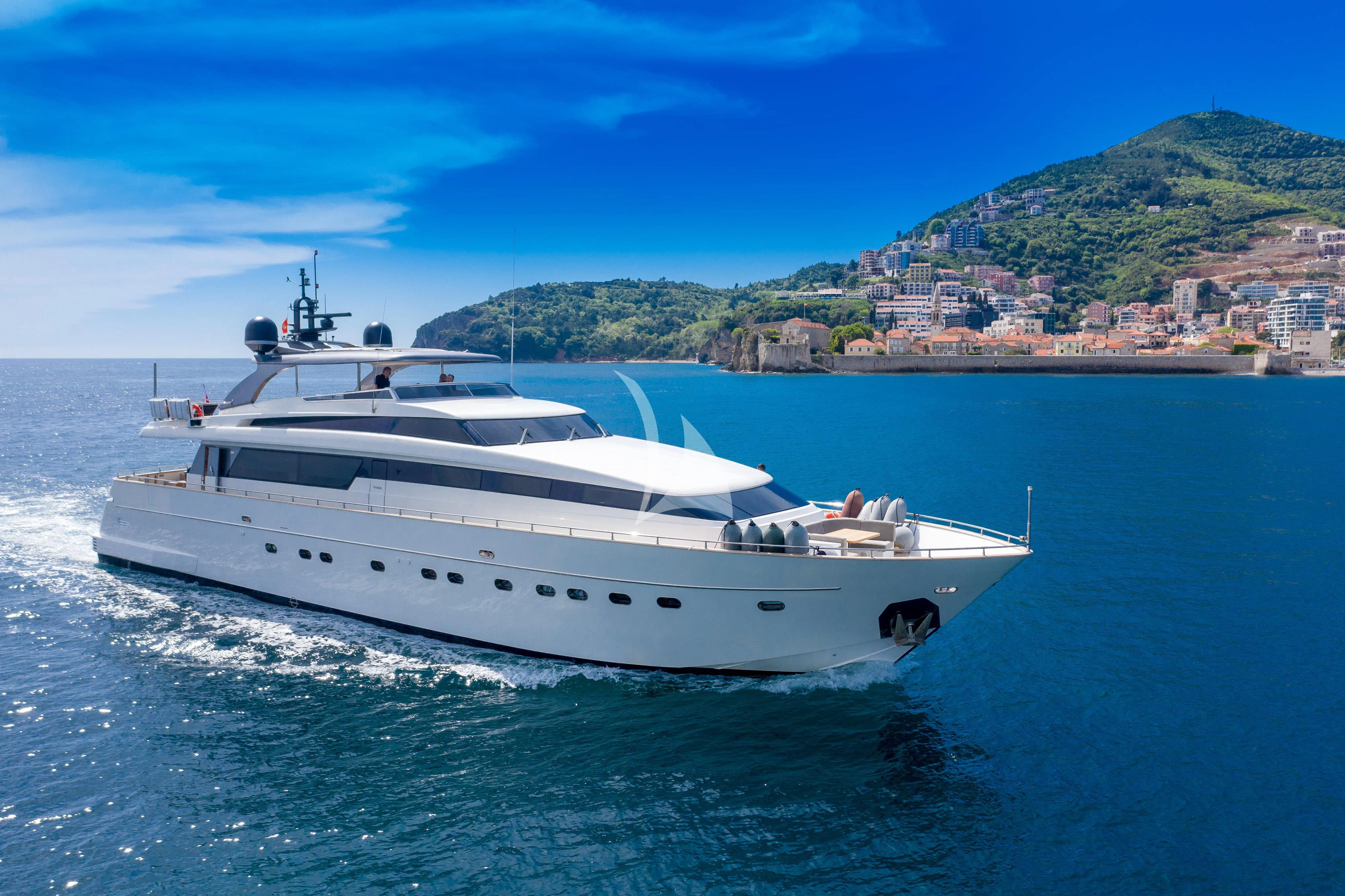 a white yacht on the water aboard PERTULA Yacht for Sale