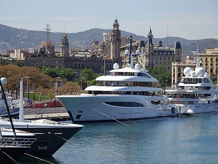 a group of boats in a harbor aboard SOPHIA Yacht for Sale