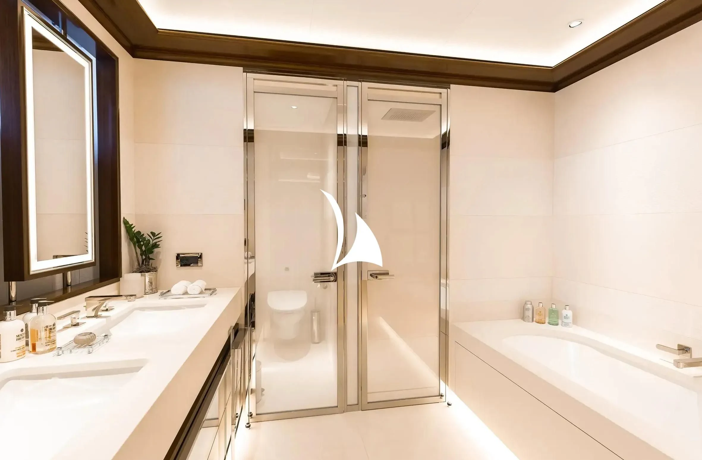 a bathroom with a shower and sink aboard SOPHIA Yacht for Sale