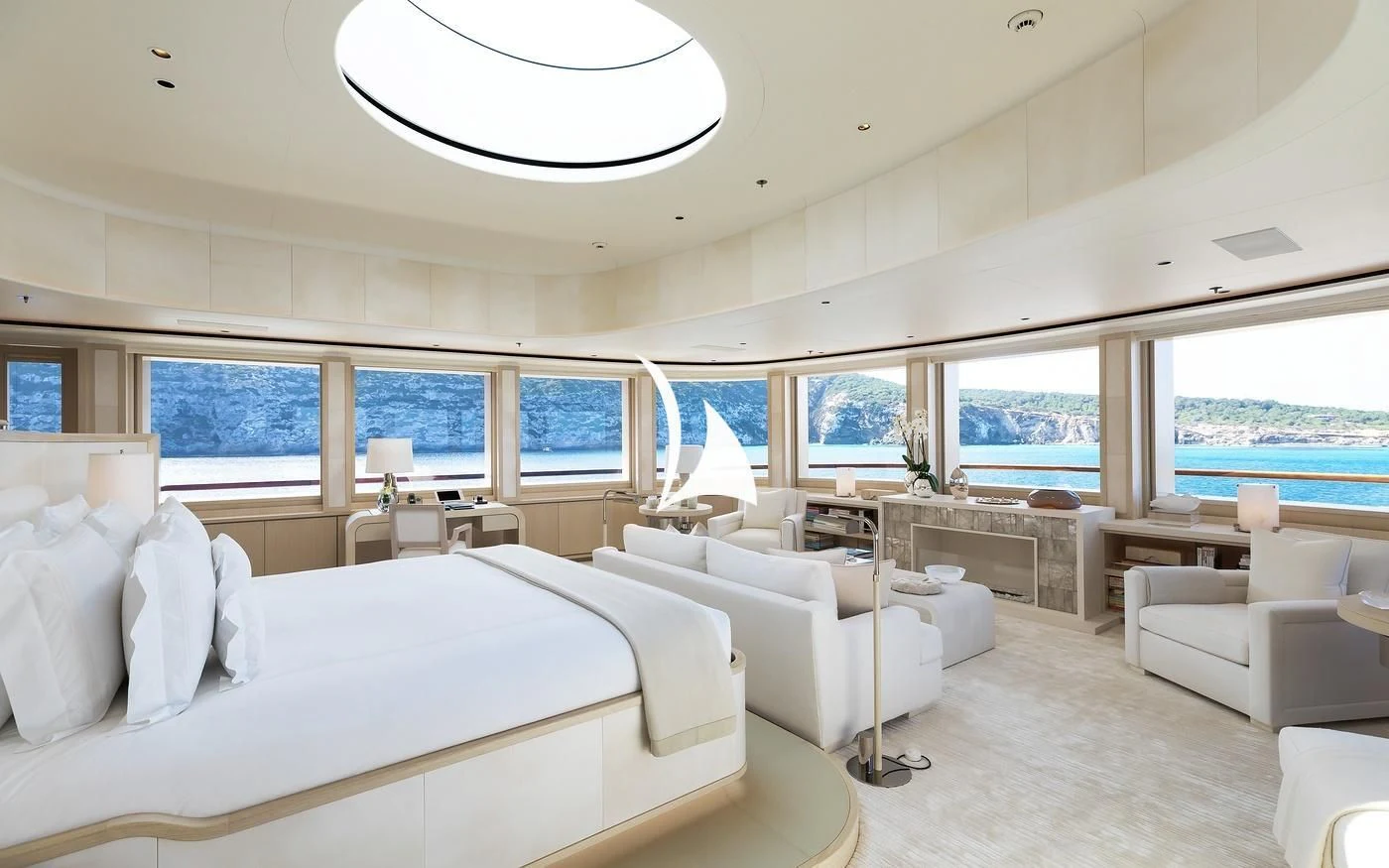 a room with a large bed and a large window aboard SOPHIA Yacht for Sale