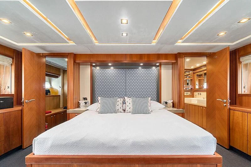 a bed in a room aboard EYE Yacht for Sale
