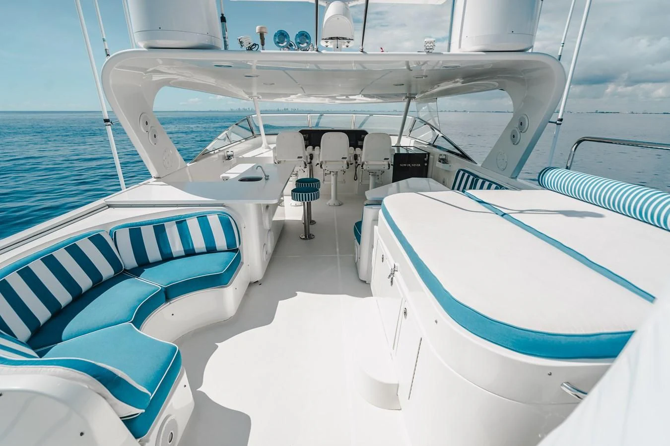 a boat with a blue stripe aboard L'DOR V'DOR Yacht for Sale