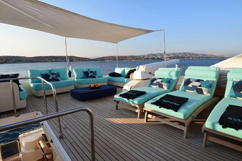 a deck with lounge chairs and a large umbrella aboard ASTARTE Yacht for Sale