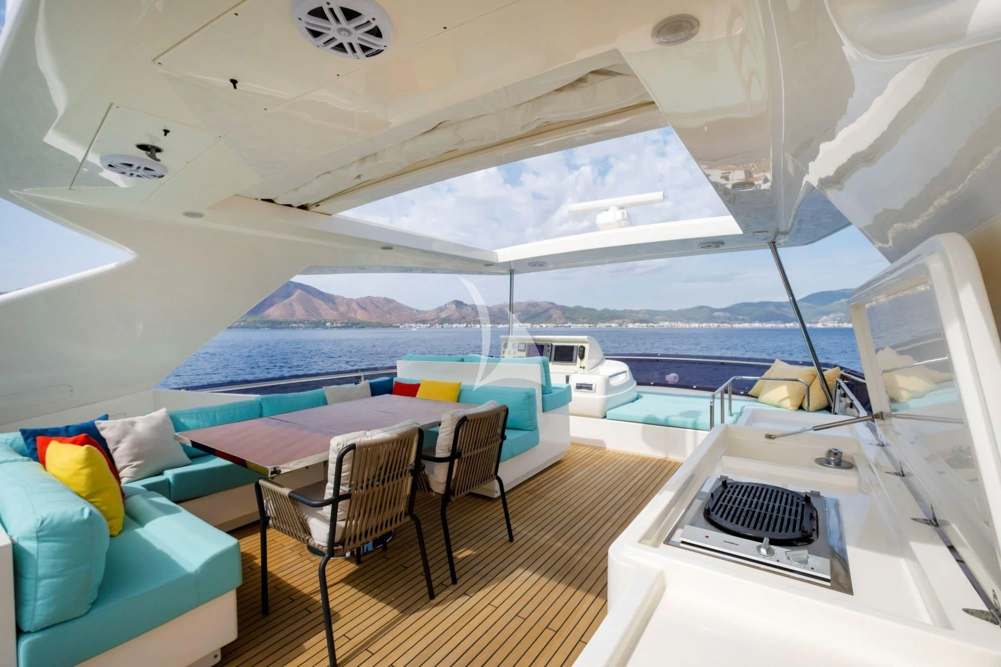 a boat with a desk and a bed aboard ASTARTE Yacht for Sale