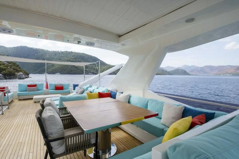 a deck with a view of the ocean and the land aboard ASTARTE Yacht for Sale
