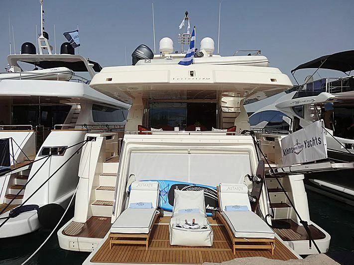a boat with a deck and a deck with chairs on it aboard ASTARTE Yacht for Sale