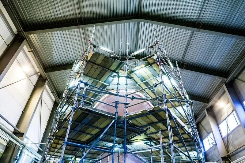 a large blue and white tower aboard MASA Yacht for Sale