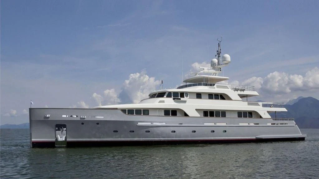 a large white ship in the water aboard LIBRA OMEGA Yacht for Sale