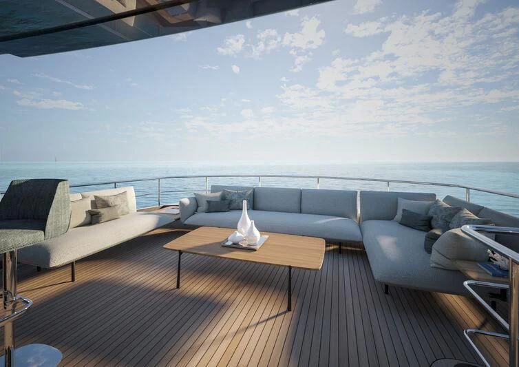 a living room with a large ocean aboard A SALT WEAPON Yacht for Charter