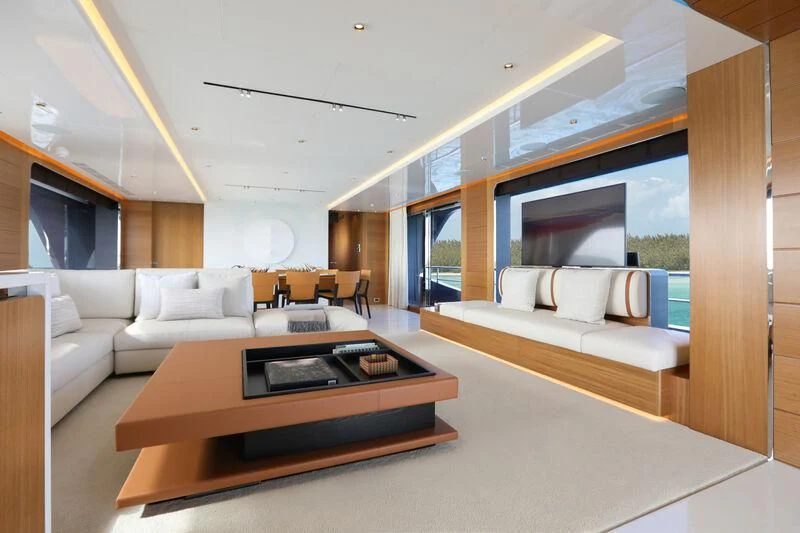 a modern looking living room aboard A SALT WEAPON Yacht for Charter