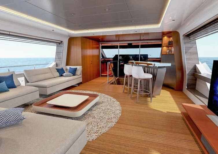 a living room with a couch and a table aboard A SALT WEAPON Yacht for Charter