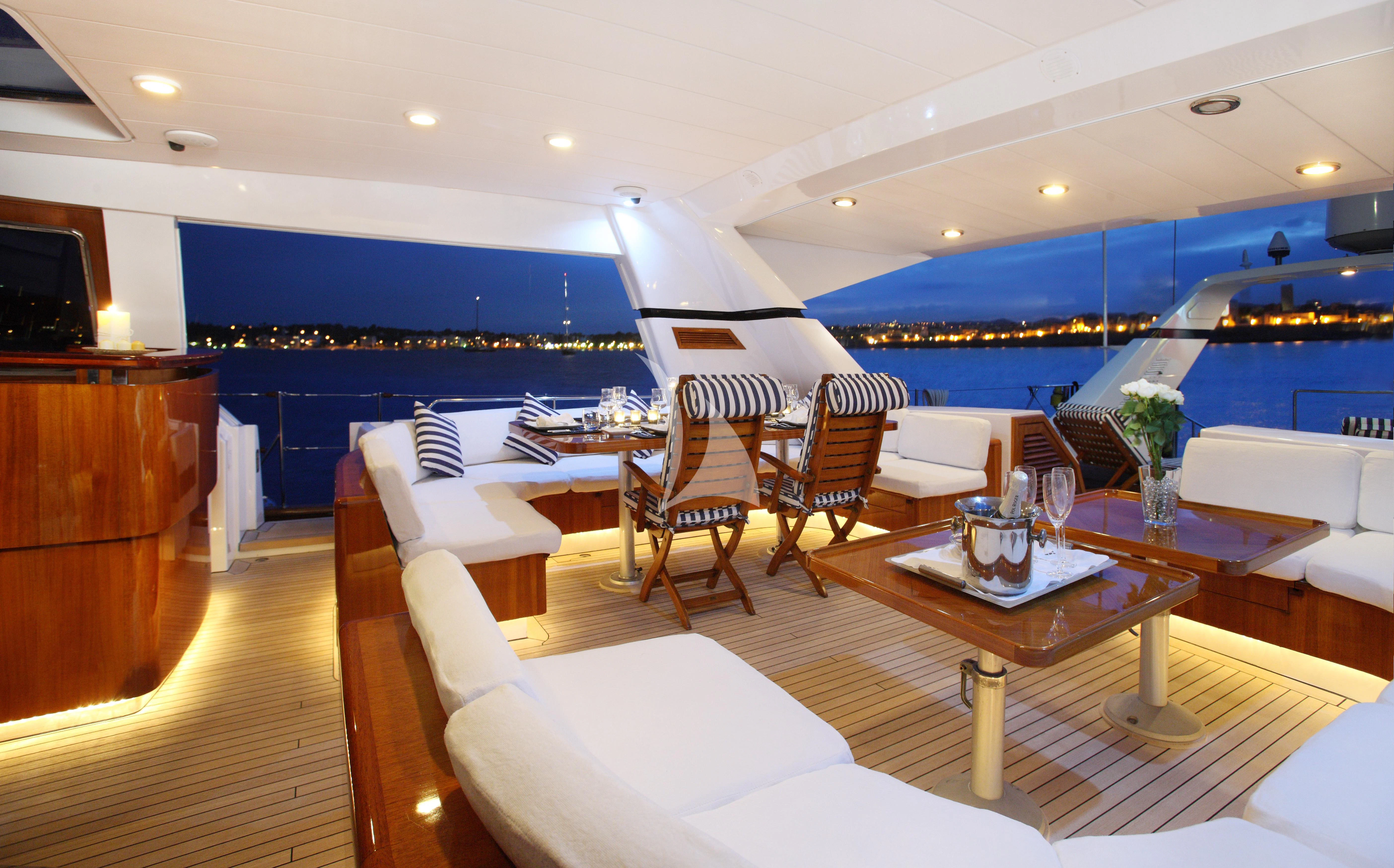 a room with a table and chairs aboard UNPLUGGED Yacht for Sale