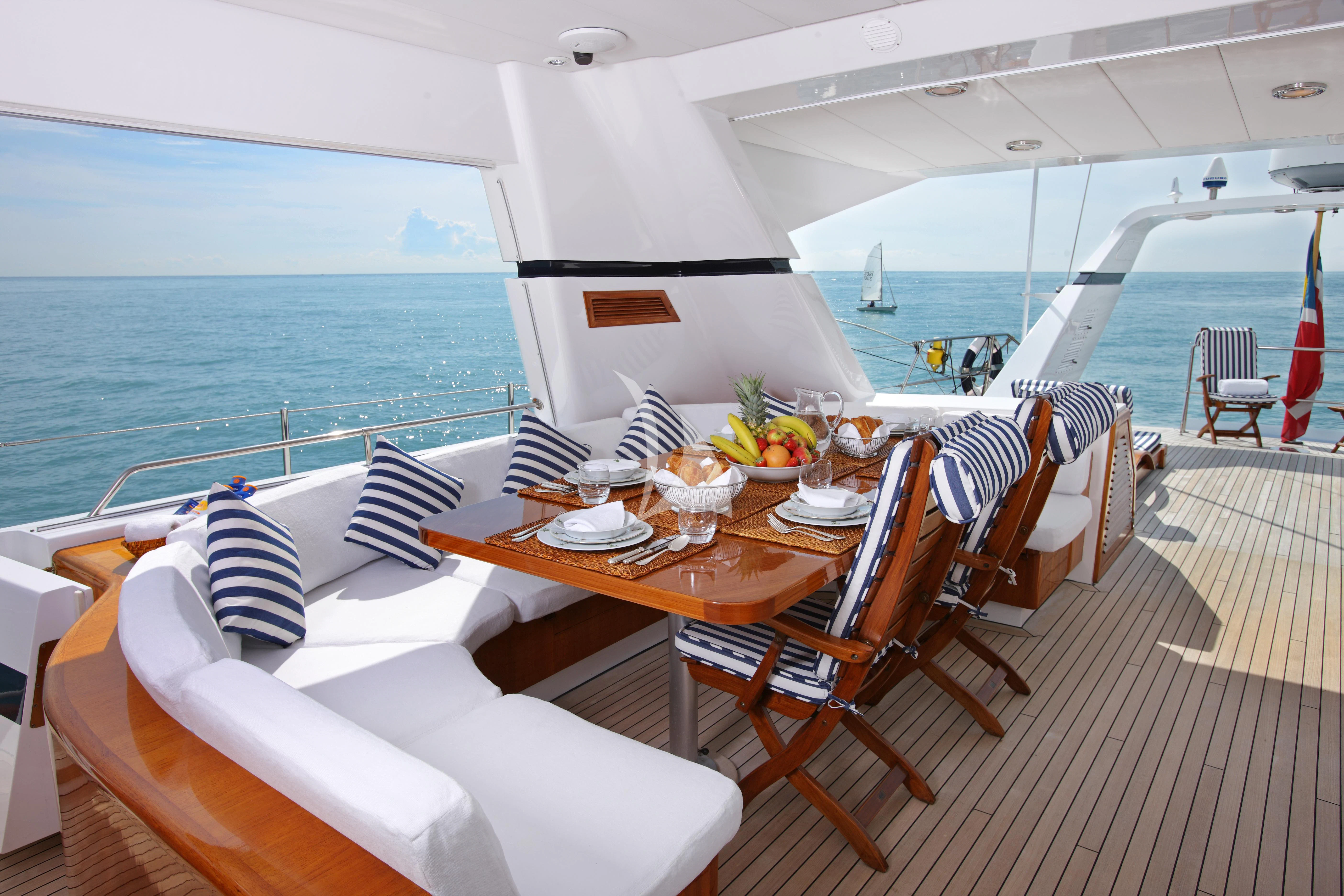 a room with a table and chairs aboard UNPLUGGED Yacht for Sale