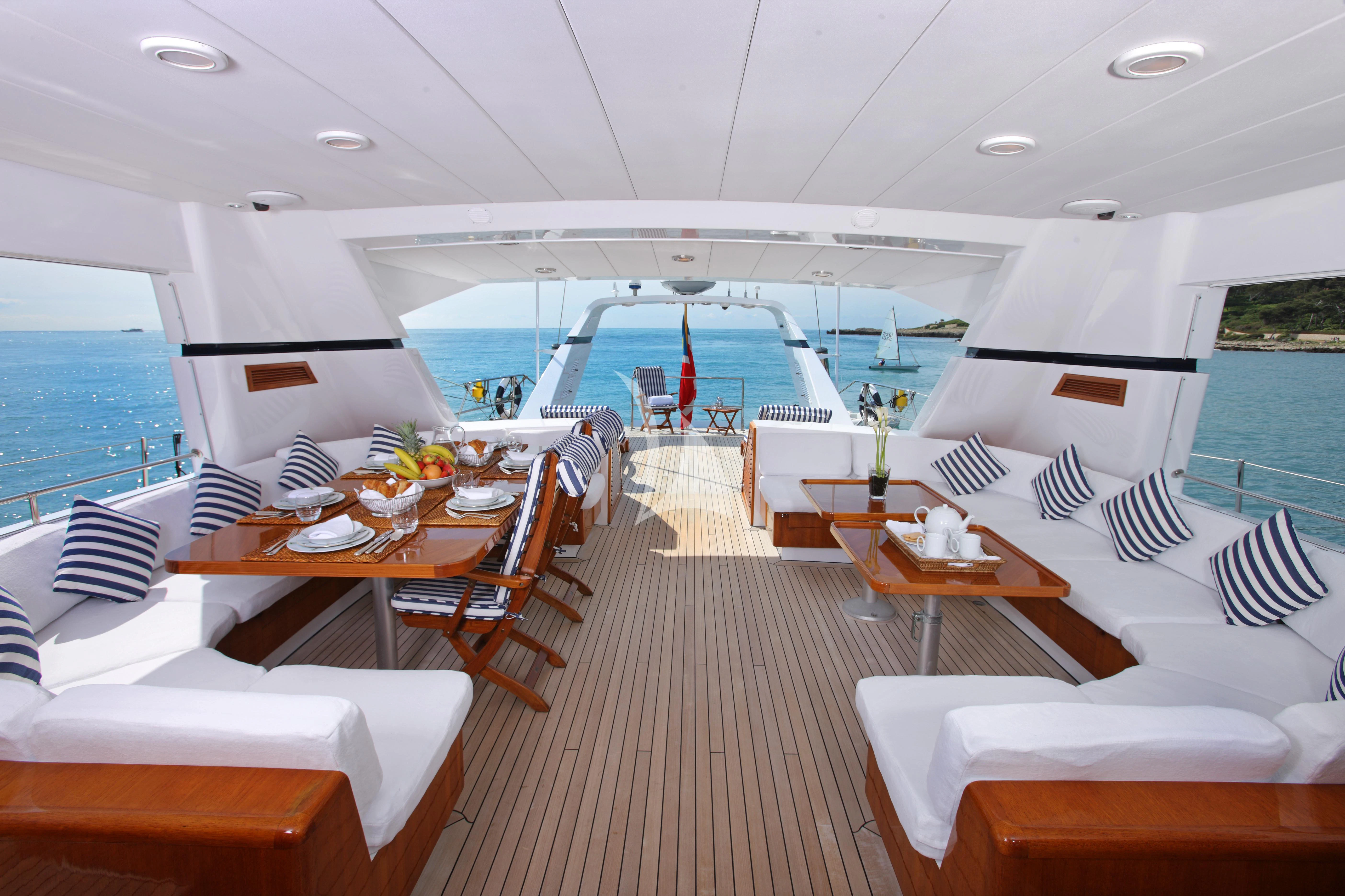 a room with tables and chairs aboard UNPLUGGED Yacht for Sale