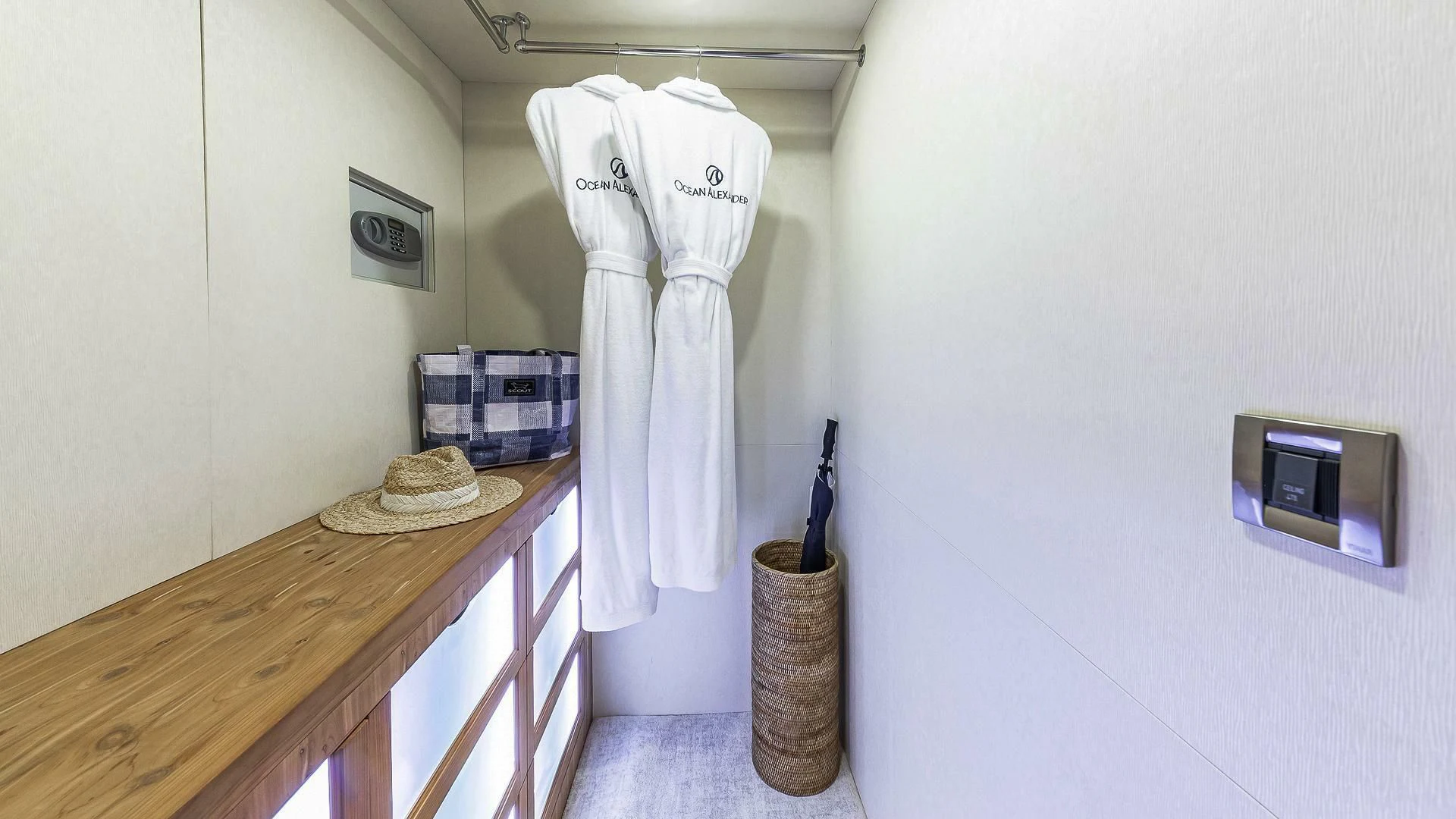 a white robe on a counter aboard BRAVO ZULU II Yacht for Sale