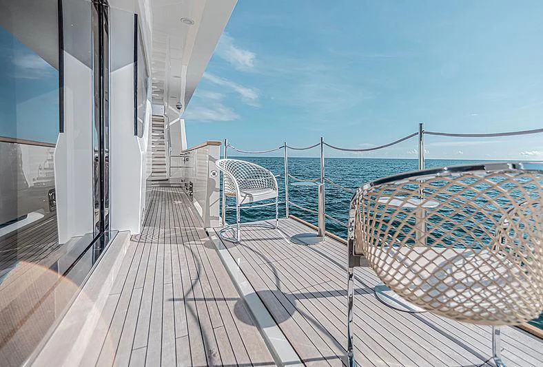 a deck with a view of the ocean and the deck aboard RUSCELLO Yacht for Sale