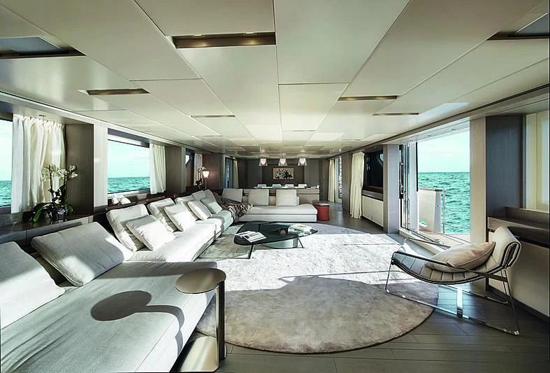 a living room with a large window aboard RUSCELLO Yacht for Sale