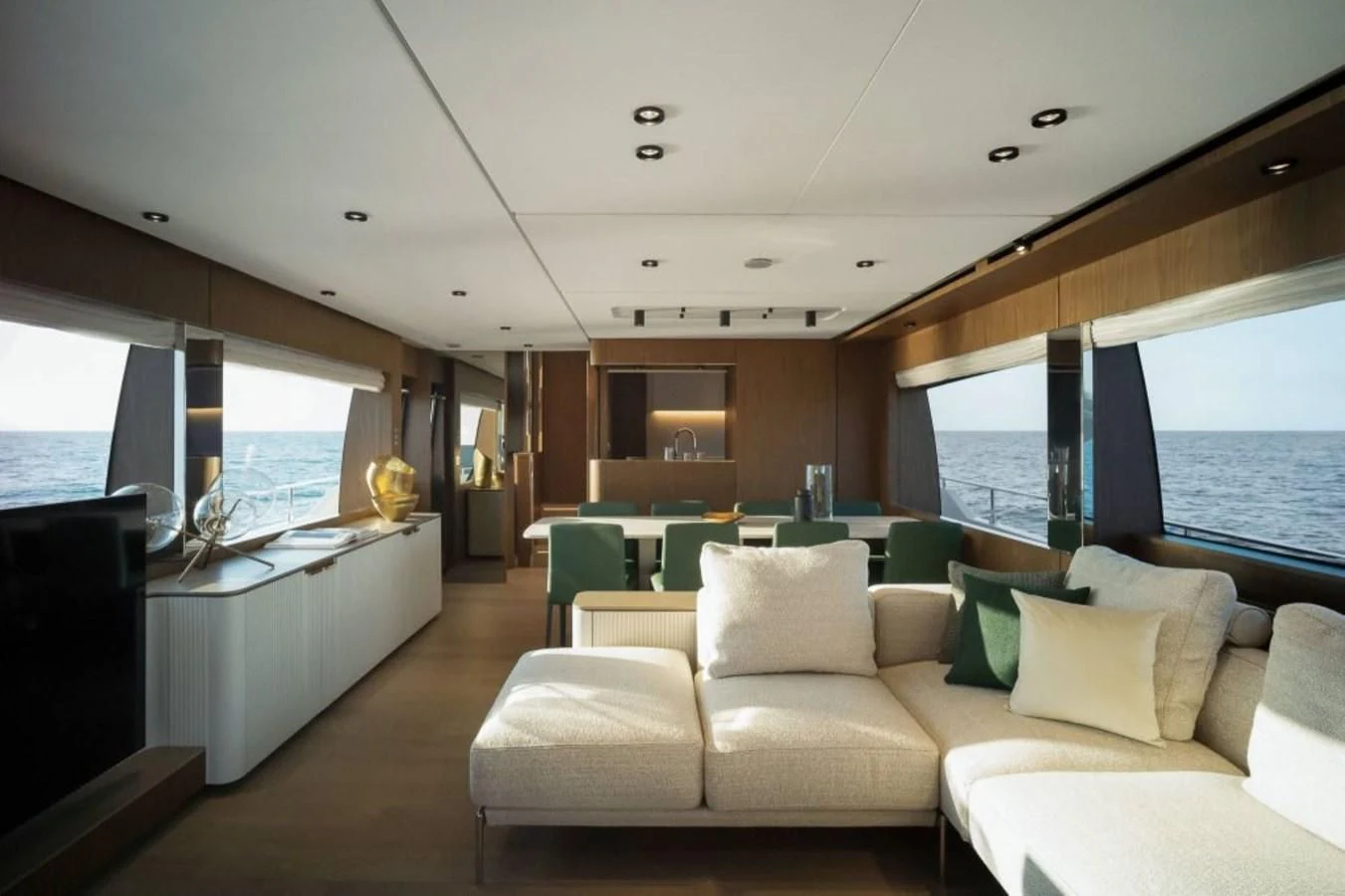 a living room with a large window aboard FERRETTI 780/41 Yacht for Sale