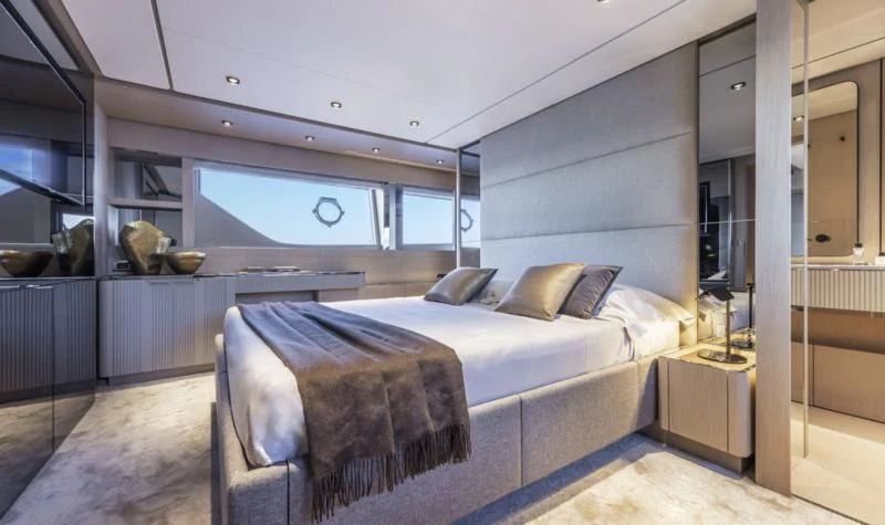 a bed in a room aboard FERRETTI 780/41 Yacht for Sale