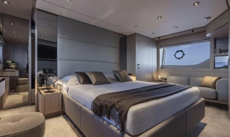 a bed in a room aboard FERRETTI 780/41 Yacht for Sale
