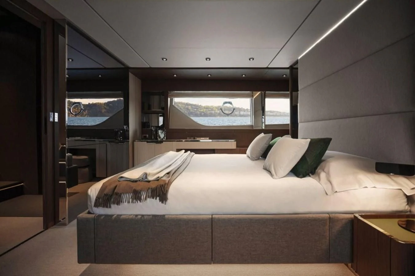 a bed in a room aboard FERRETTI 780/41 Yacht for Sale