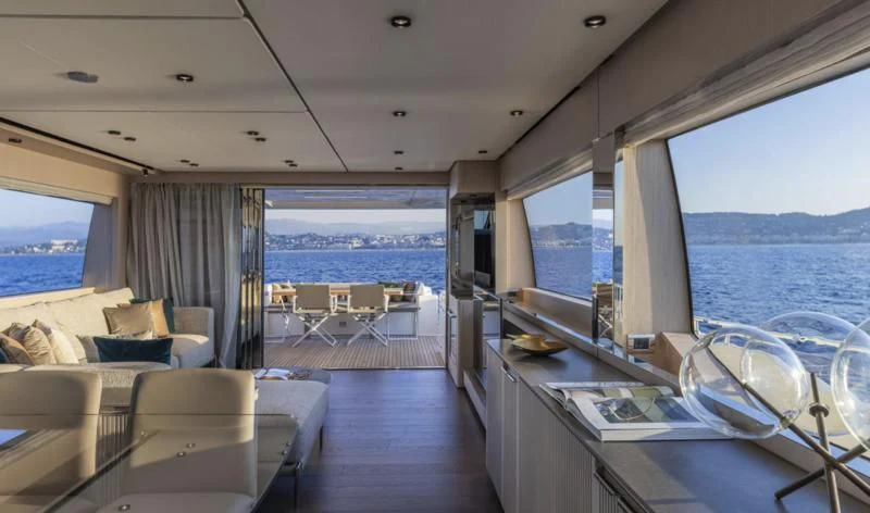 a room with a view of the ocean and the ocean aboard FERRETTI 780/41 Yacht for Sale