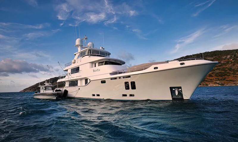 a white yacht on the water aboard VIVIERAE II Yacht for Sale