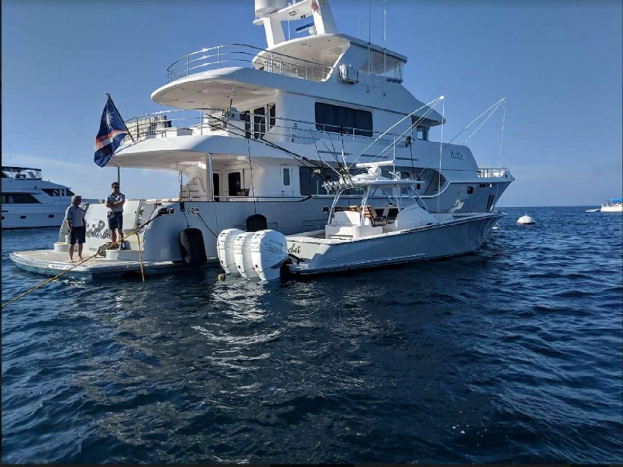 a large white boat with a flag on it aboard VIVIERAE II Yacht for Sale