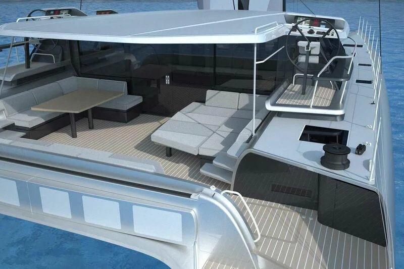 a white boat with a desk and a computer on it aboard ALLEGRA Yacht for Sale