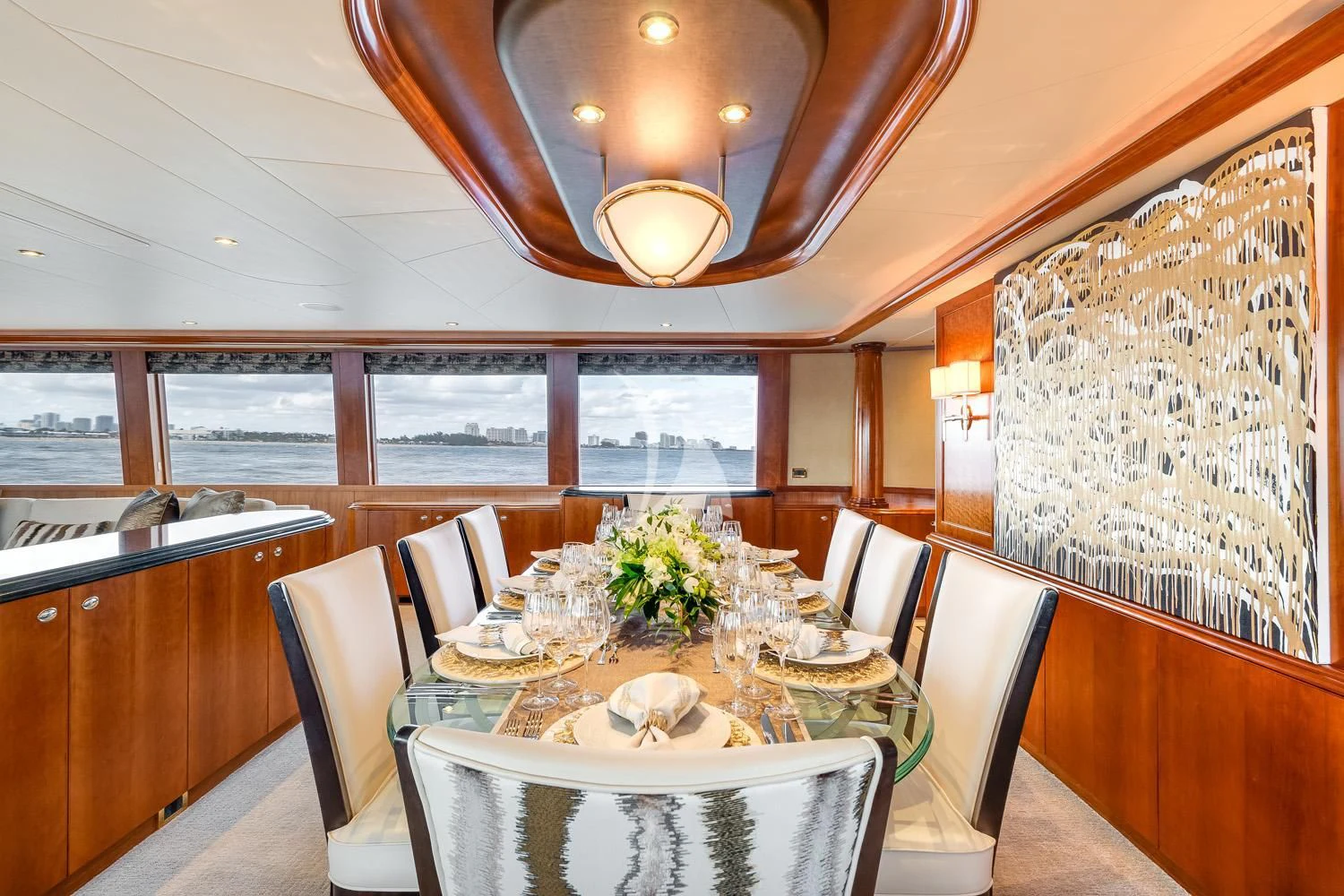 a dining room with a table and chairs aboard MY WAY Yacht for Sale