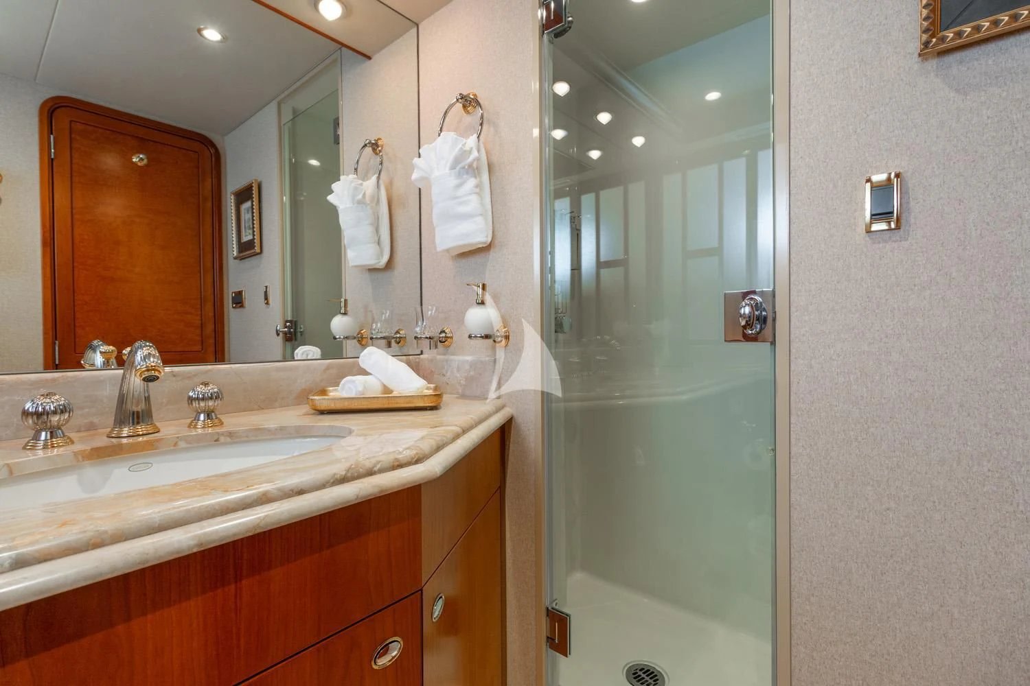 a bathroom with a glass shower door aboard MY WAY Yacht for Sale