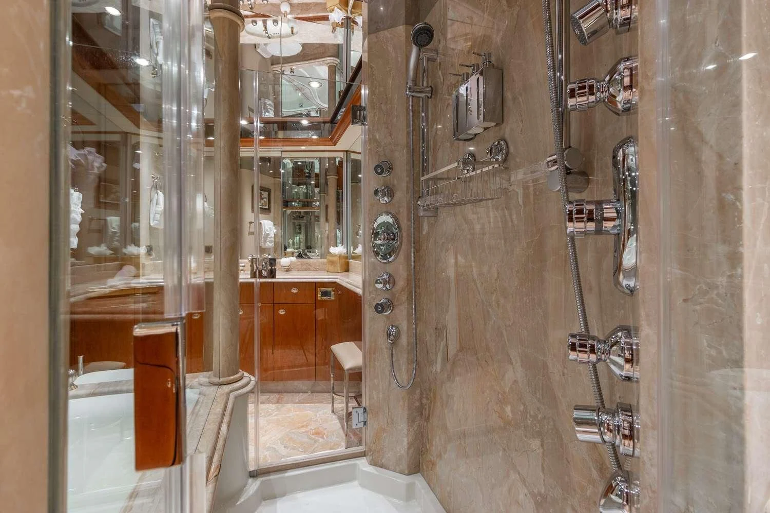 a bathroom with a glass shower aboard MY WAY Yacht for Sale