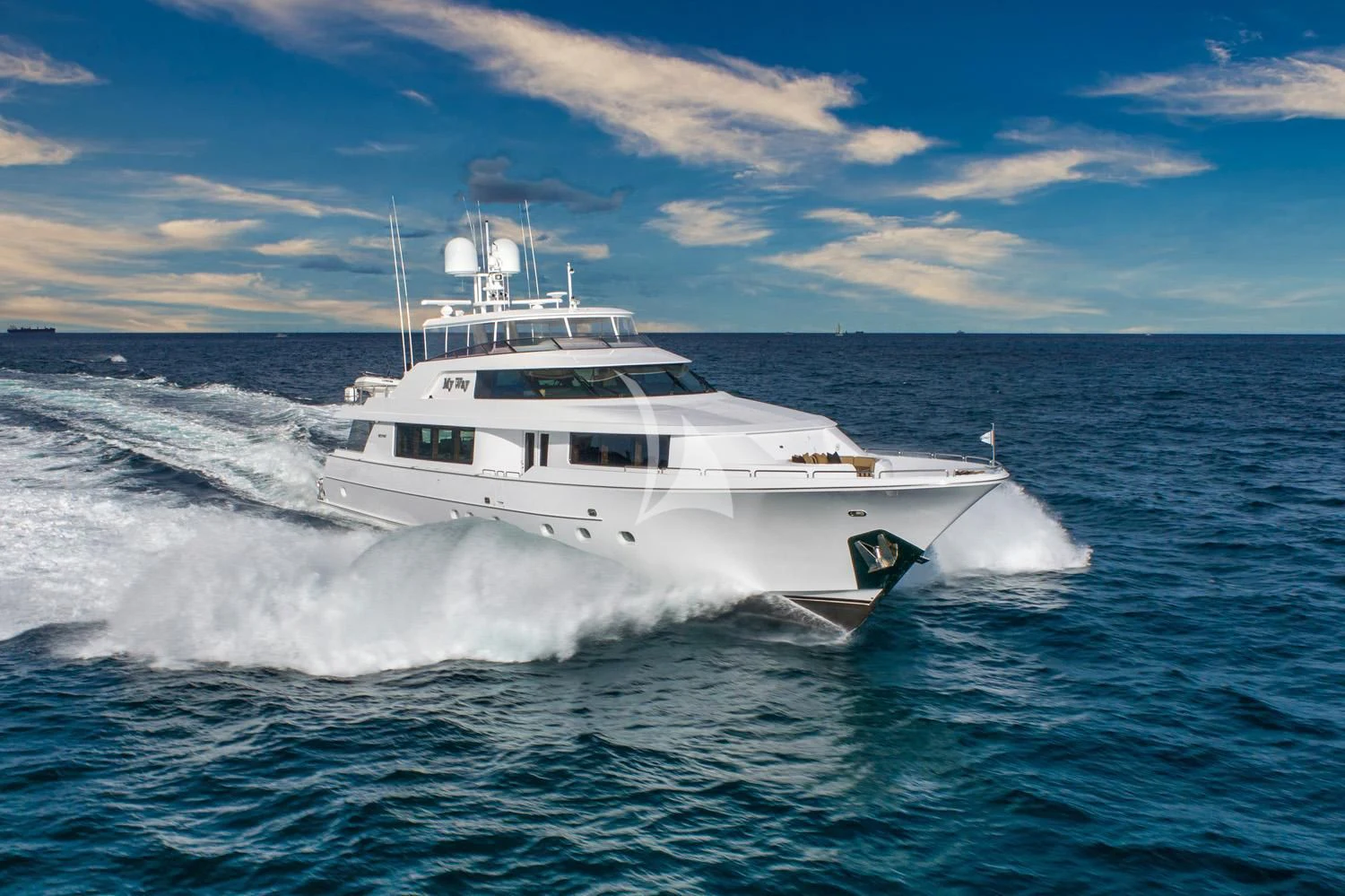 a white yacht in the water aboard MY WAY Yacht for Sale