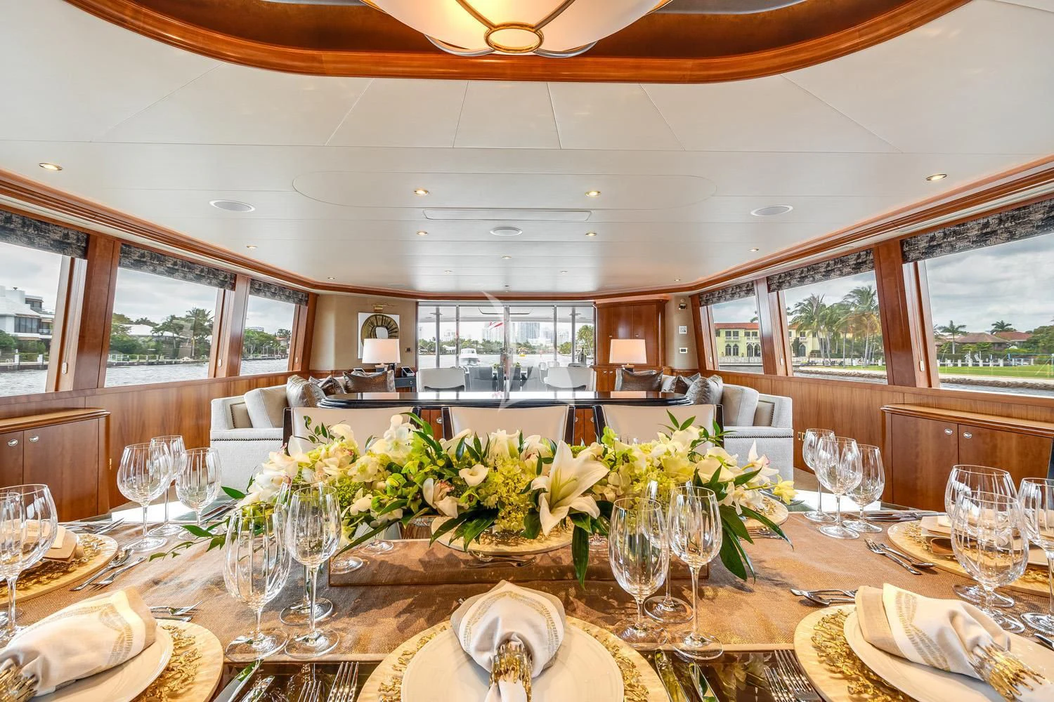 a dining room with a large table aboard MY WAY Yacht for Sale