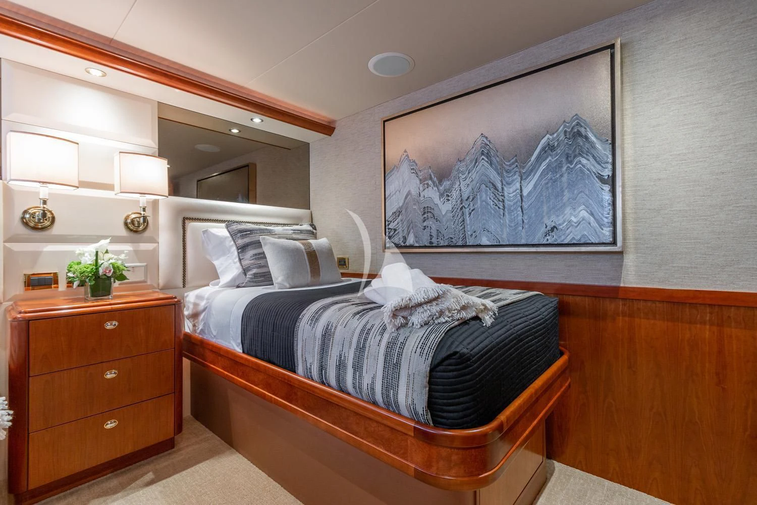 a room with two beds aboard MY WAY Yacht for Sale