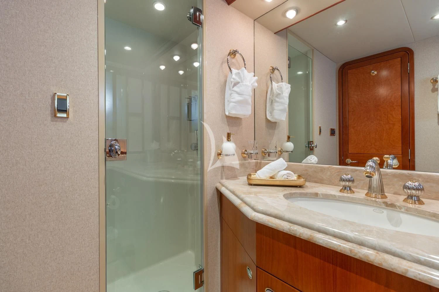 a bathroom with a large mirror aboard MY WAY Yacht for Sale
