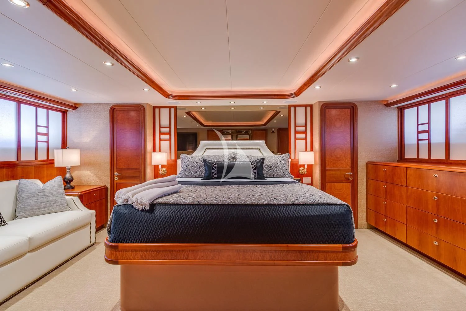 a bedroom with a bed and a desk aboard MY WAY Yacht for Sale